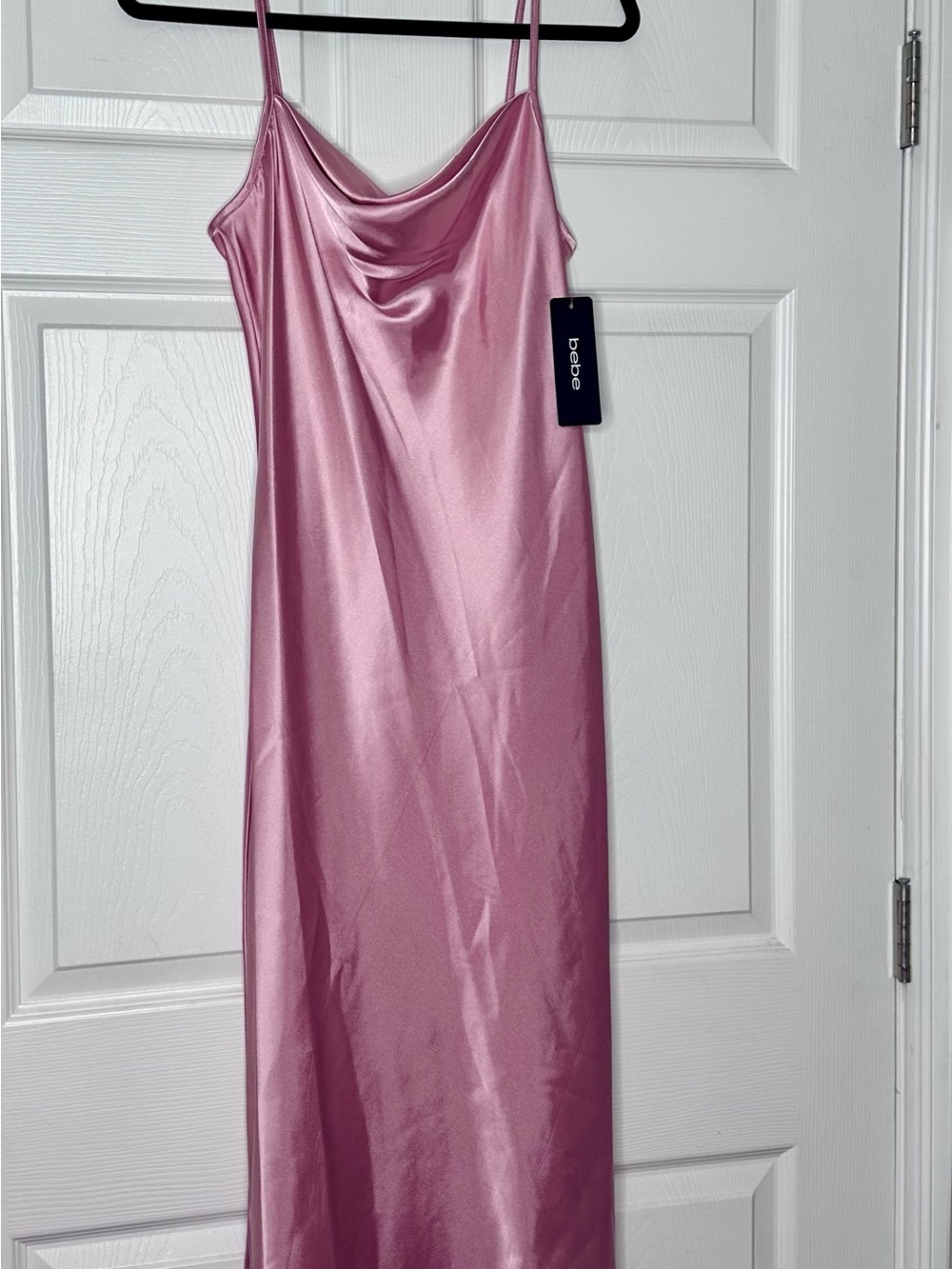 bebe Satin Cowl Neck Maxi Slip Dress in Rose